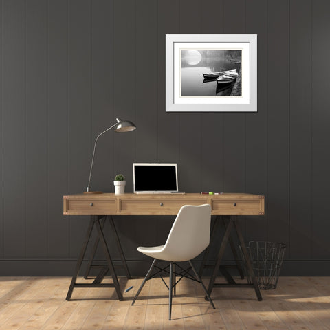 Moonlit Mooring White Modern Wood Framed Art Print with Double Matting by Anonymous