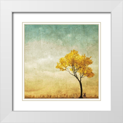 Golden Tree in the Meadow White Modern Wood Framed Art Print with Double Matting by Anonymous