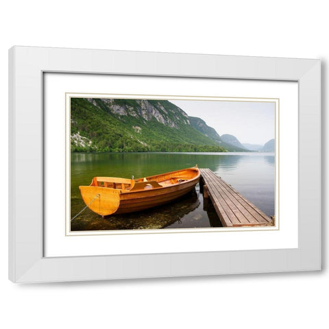 Boat at Lake Pier, Color White Modern Wood Framed Art Print with Double Matting by Anonymous
