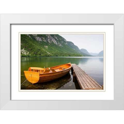 Boat at Lake Pier, Color White Modern Wood Framed Art Print with Double Matting by Anonymous