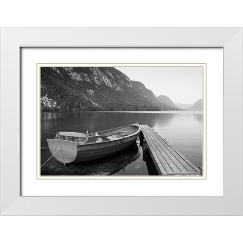 Boat at Lake Pier White Modern Wood Framed Art Print with Double Matting by Anonymous
