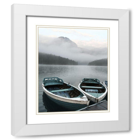Two Rowboats at Pier White Modern Wood Framed Art Print with Double Matting by Anonymous