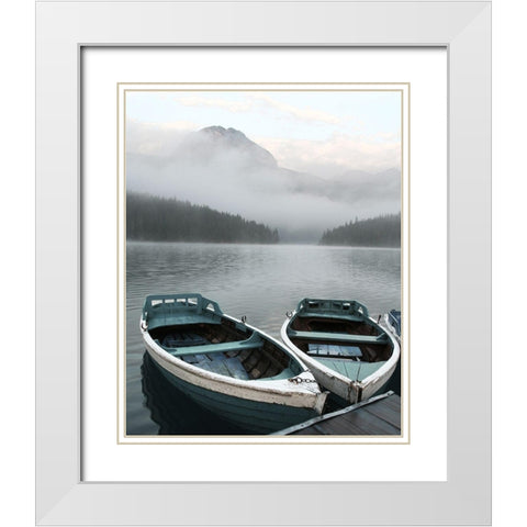 Two Rowboats at Pier White Modern Wood Framed Art Print with Double Matting by Anonymous
