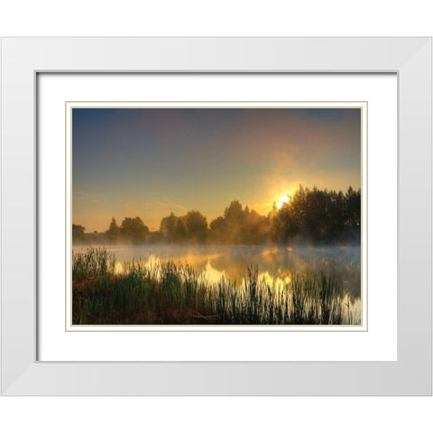 Canal Sunrise White Modern Wood Framed Art Print with Double Matting by Anonymous
