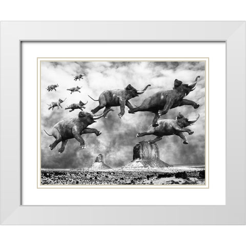 Flying Elephants White Modern Wood Framed Art Print with Double Matting by Anonymous