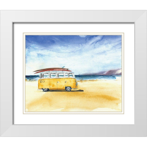 Yellow Minivan with Surfboards White Modern Wood Framed Art Print with Double Matting by Anonymous