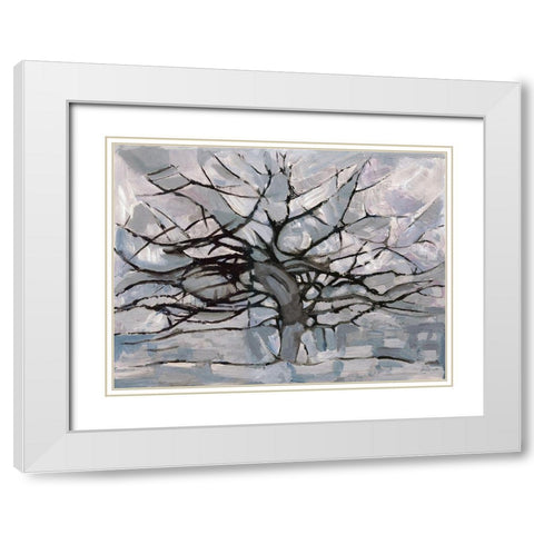 Grey Tree Abstract White Modern Wood Framed Art Print with Double Matting by Dorvard