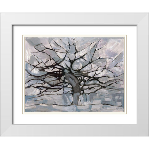 Grey Tree Abstract White Modern Wood Framed Art Print with Double Matting by Dorvard