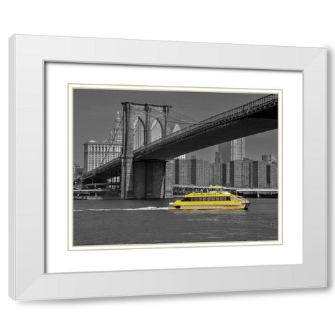 NY Water Taxi Under Brooklyn Bridge White Modern Wood Framed Art Print with Double Matting by Maier, Phil
