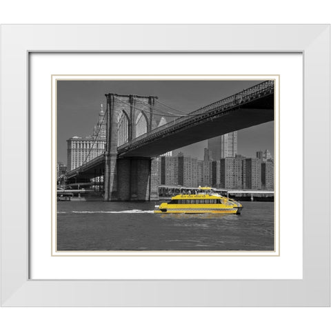 NY Water Taxi Under Brooklyn Bridge White Modern Wood Framed Art Print with Double Matting by Maier, Phil
