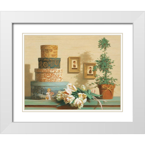 Hat Boxes on Shelf White Modern Wood Framed Art Print with Double Matting by Unknown