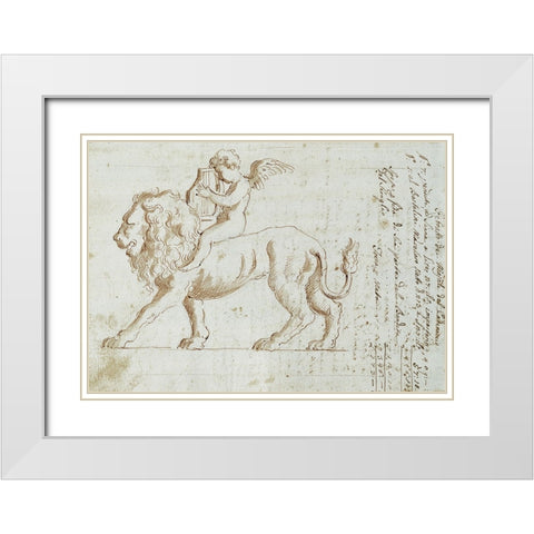Cherub on Lion II White Modern Wood Framed Art Print with Double Matting by Unknown