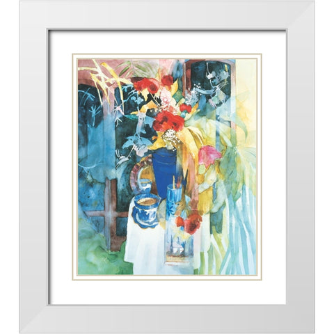 Blue Vase and Flowers White Modern Wood Framed Art Print with Double Matting by Unknown