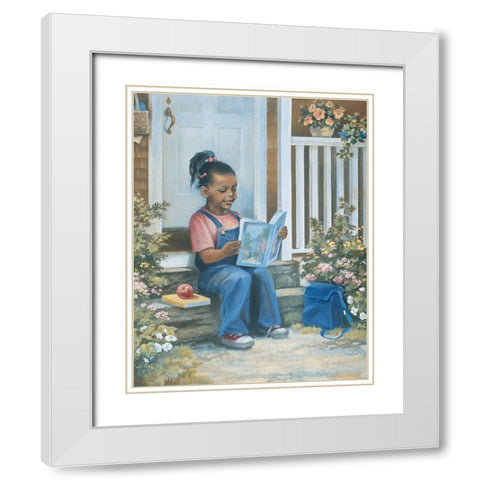 Girl Reading a Book White Modern Wood Framed Art Print with Double Matting by Unknown