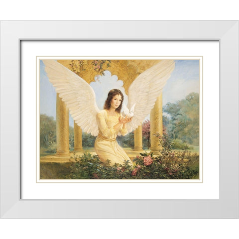Angel and Dove White Modern Wood Framed Art Print with Double Matting by Unknown