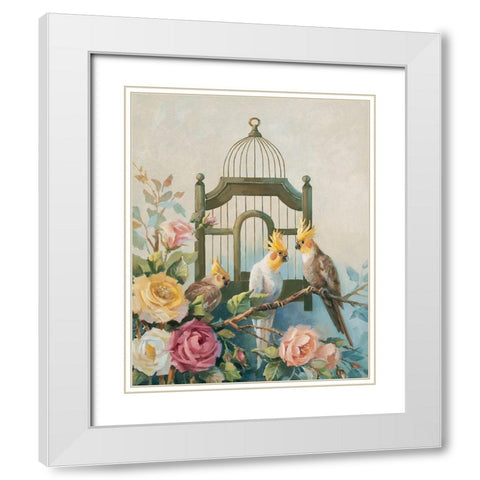 Three Cockatiels White Modern Wood Framed Art Print with Double Matting by Unknown