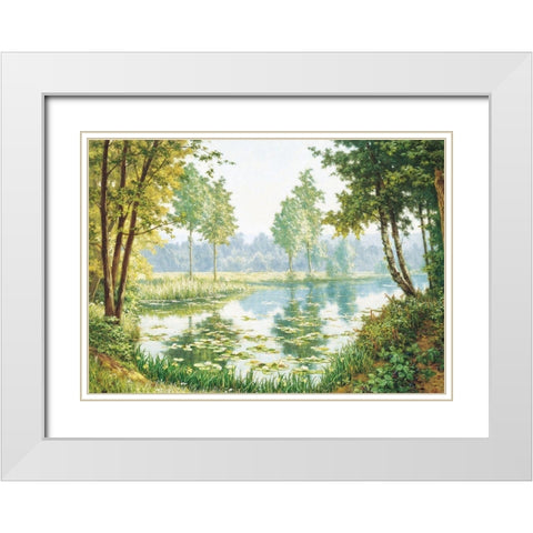 Misty Lake White Modern Wood Framed Art Print with Double Matting by Unknown