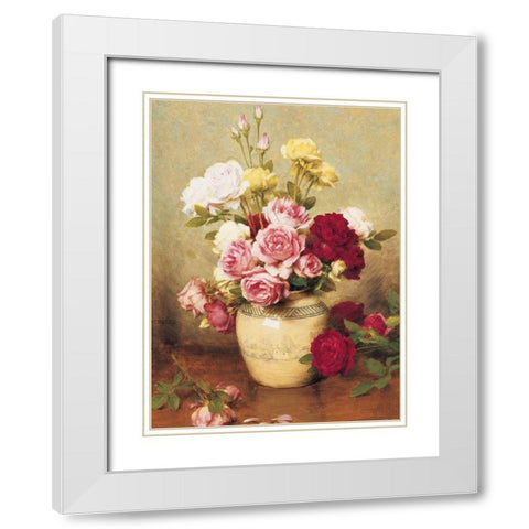 Roses in Vase White Modern Wood Framed Art Print with Double Matting by Unknown