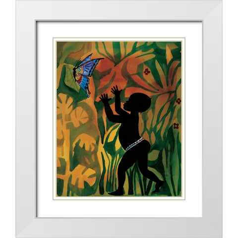 Boy Chasing Butterfly White Modern Wood Framed Art Print with Double Matting by Unknown