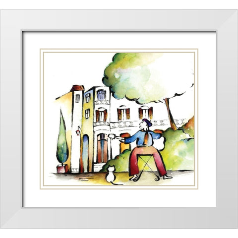 Guitar and Cat White Modern Wood Framed Art Print with Double Matting by Unknown