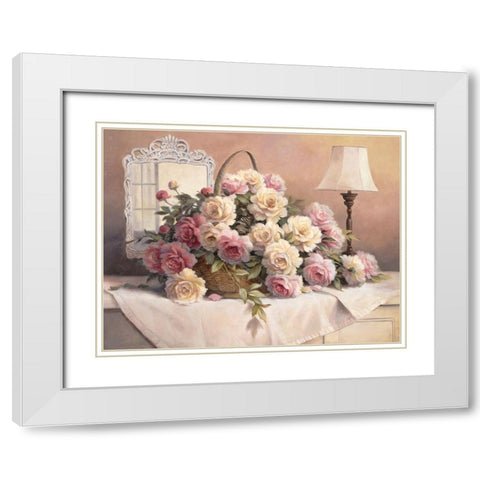 Rose Floral White Modern Wood Framed Art Print with Double Matting by Unknown