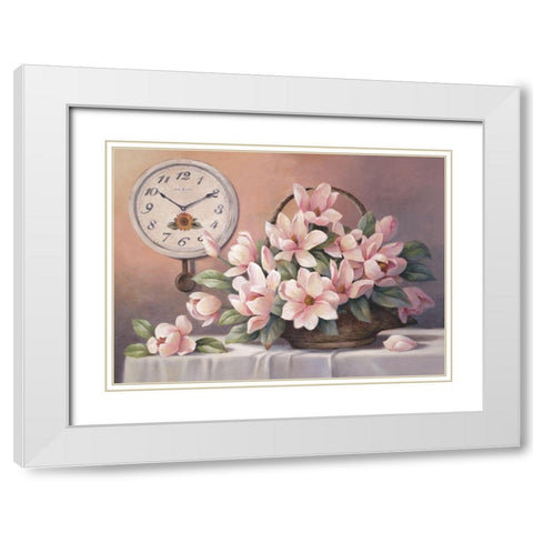 Magnolias and Clock White Modern Wood Framed Art Print with Double Matting by Unknown