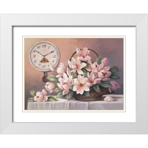 Magnolias and Clock White Modern Wood Framed Art Print with Double Matting by Unknown