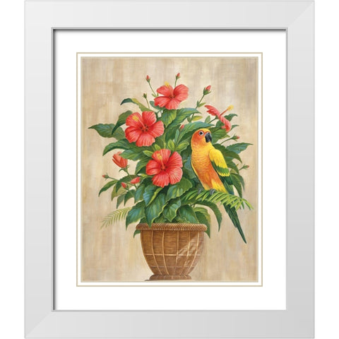 Parrot and Hibiscus White Modern Wood Framed Art Print with Double Matting by Unknown