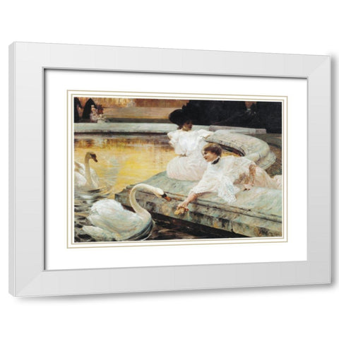 Two Swans White Modern Wood Framed Art Print with Double Matting by Unknown