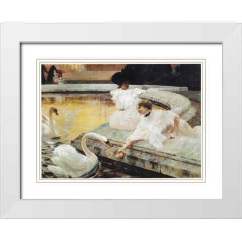 Two Swans White Modern Wood Framed Art Print with Double Matting by Unknown