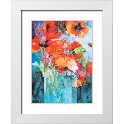 Orange And Blue Floral White Modern Wood Framed Art Print with Double Matting by Unknown