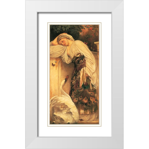 Woman And Swan White Modern Wood Framed Art Print with Double Matting by Unknown
