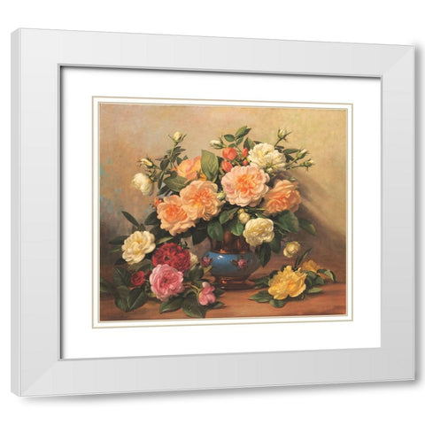 Roses Floral White Modern Wood Framed Art Print with Double Matting by Unknown