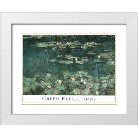 Green Reflections White Modern Wood Framed Art Print with Double Matting by Monet, Claude