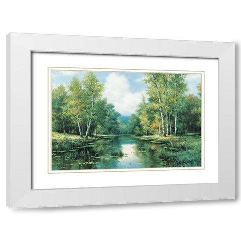 Placid Stream I White Modern Wood Framed Art Print with Double Matting by Unknown