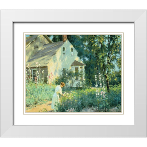 Picking Flowers White Modern Wood Framed Art Print with Double Matting by Unknown