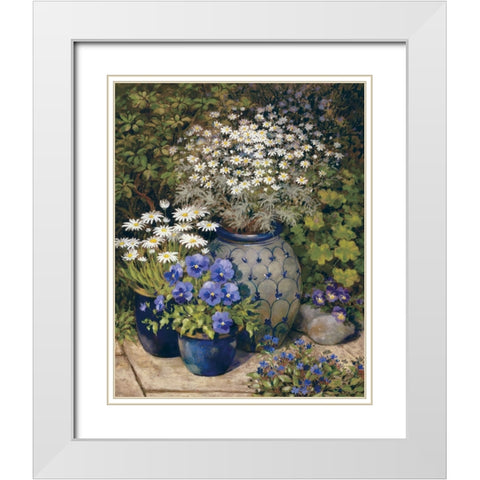 Blue Vases And Flowers White Modern Wood Framed Art Print with Double Matting by Unknown