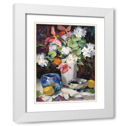 Floral Blue And White White Modern Wood Framed Art Print with Double Matting by Unknown