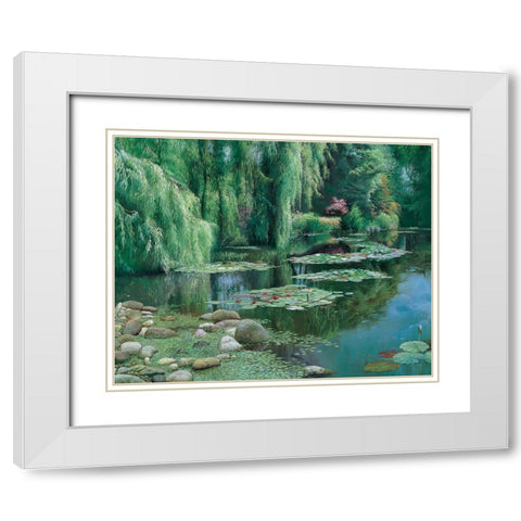 Waterlilies Pond White Modern Wood Framed Art Print with Double Matting by Unknown