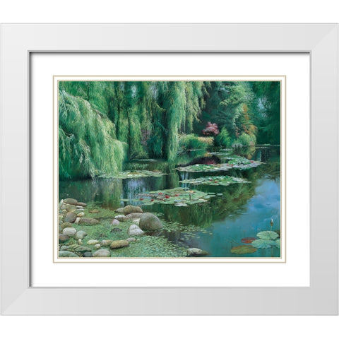 Waterlilies Pond White Modern Wood Framed Art Print with Double Matting by Unknown
