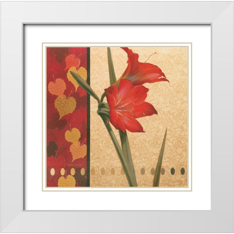 Red Amaryllis Damasque White Modern Wood Framed Art Print with Double Matting by Unknown