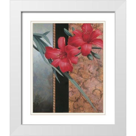 Red Lily Teal Damasque White Modern Wood Framed Art Print with Double Matting by Unknown