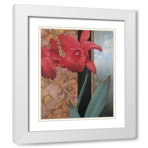 Red Orchid Teal Damasque White Modern Wood Framed Art Print with Double Matting by Unknown