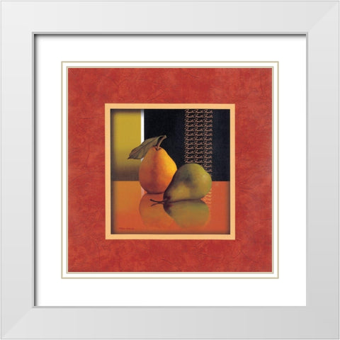 Pears with Red Border White Modern Wood Framed Art Print with Double Matting by Unknown