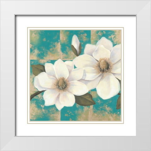 Aqua Floral I White Modern Wood Framed Art Print with Double Matting by Unknown