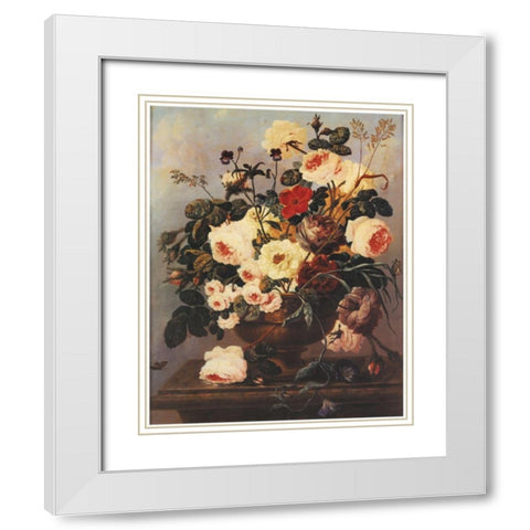 Floral on Desk White Modern Wood Framed Art Print with Double Matting by Unknown
