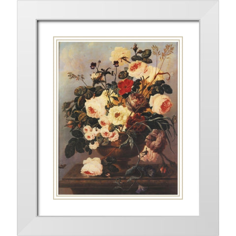Floral on Desk White Modern Wood Framed Art Print with Double Matting by Unknown