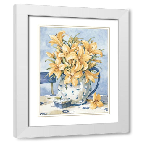 Yellow Orchids and Blue Vase II White Modern Wood Framed Art Print with Double Matting by Unknown