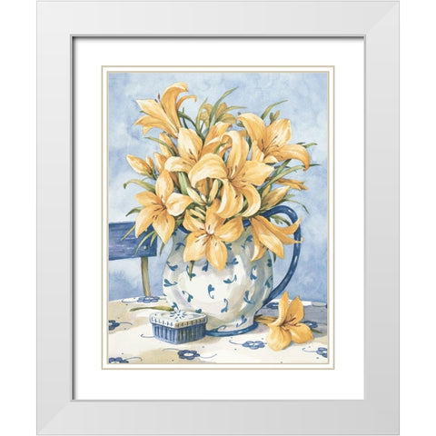 Yellow Orchids and Blue Vase II White Modern Wood Framed Art Print with Double Matting by Unknown