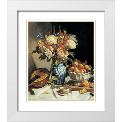Blue Vase and Mandolin White Modern Wood Framed Art Print with Double Matting by Unknown